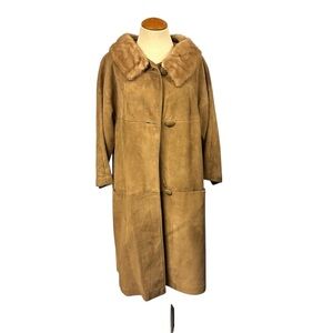 Vintage Light Brown Suede Long Leather Coat Jacket Fur Collar Fall 1960s 1970s